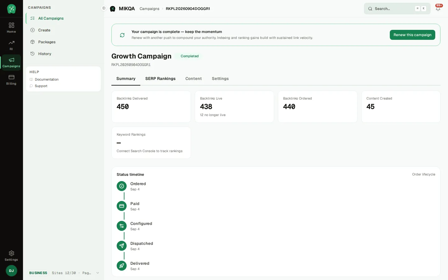 Campaign detail view showing delivered vs live backlinks