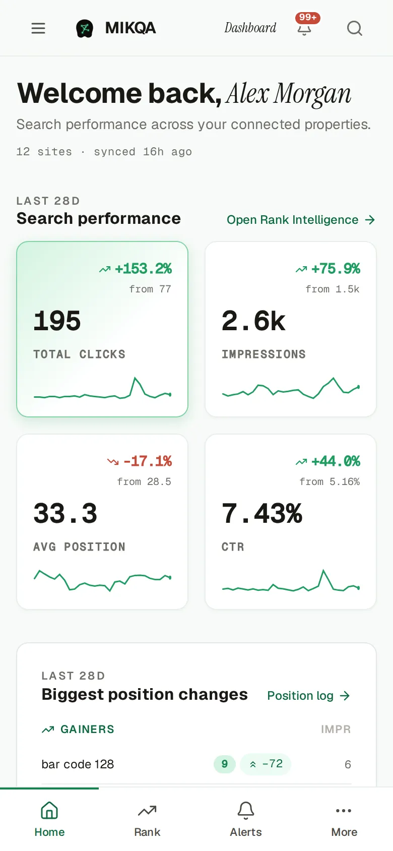 MIKQA dashboard on mobile